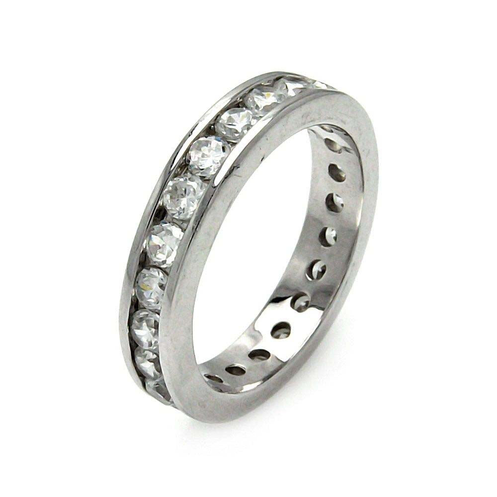 Sterling Silver Rhodium Plated Channel Set CZ Stackable Eternity RingAnd Width 4mmAnd Thickness 3mm