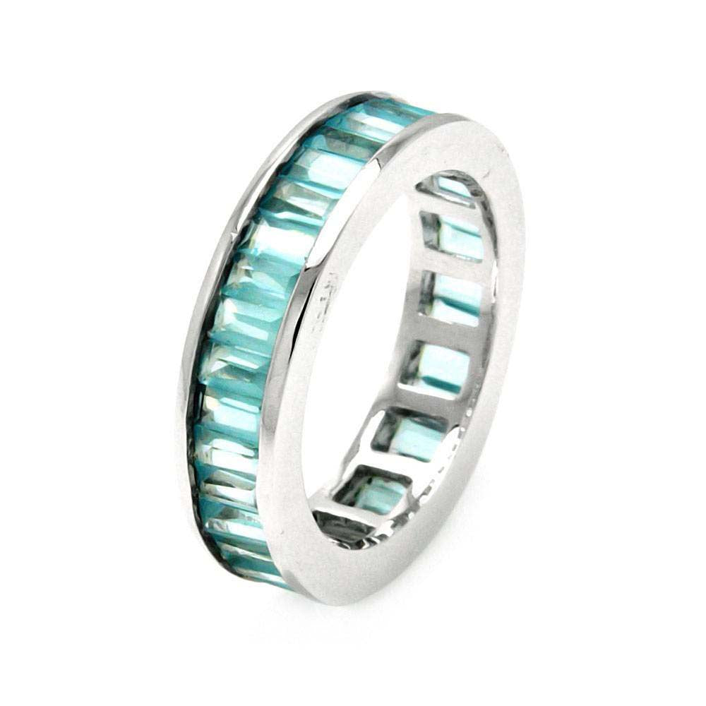 Sterling Silver Baguette Cut Aquamarine Czs on Channel Setting Eternity Band Ring with Ring Width of 5.45MM