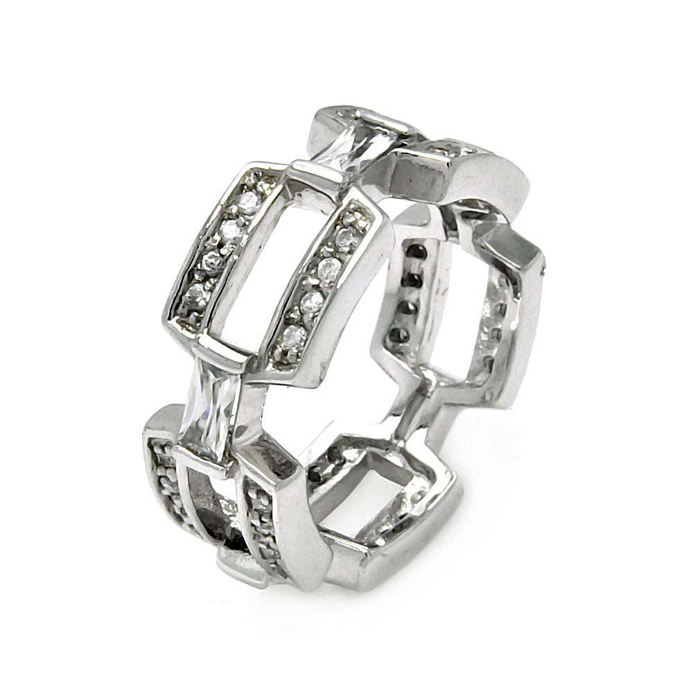 Sterling Silver Fancy Open Square Link Design Inlaid with Clear Czs Band RingAnd Ring Width of 8MM