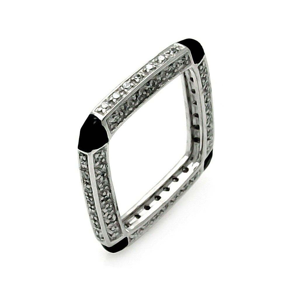 Sterling Silver Paved Square Ring with Black Enamel on Four Corners