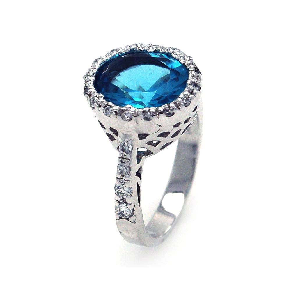 Sterling Silver Oval Cut Blue Cz on Filigree Setting Embedded with Clear Czs RingAnd Ring Dimensions of 13.4MMx15.45MM