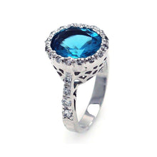 Load image into Gallery viewer, Sterling Silver Oval Cut Blue Cz on Filigree Setting Embedded with Clear Czs RingAnd Ring Dimensions of 13.4MMx15.45MM
