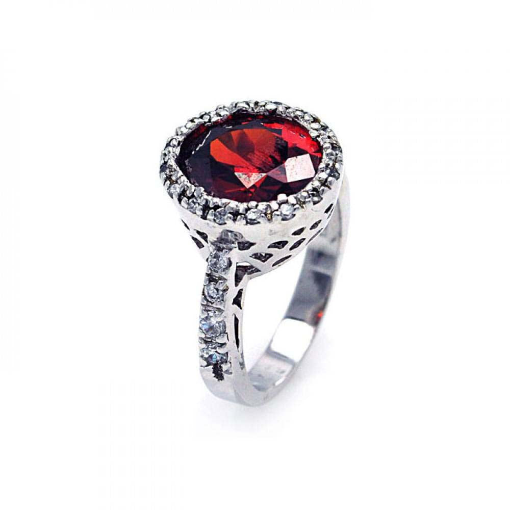 Sterling Silver Oval Cut Red Cz on Filigree Setting Embedded with Clear Czs RingAnd Ring Dimensions of 13.4MMx15.45MM