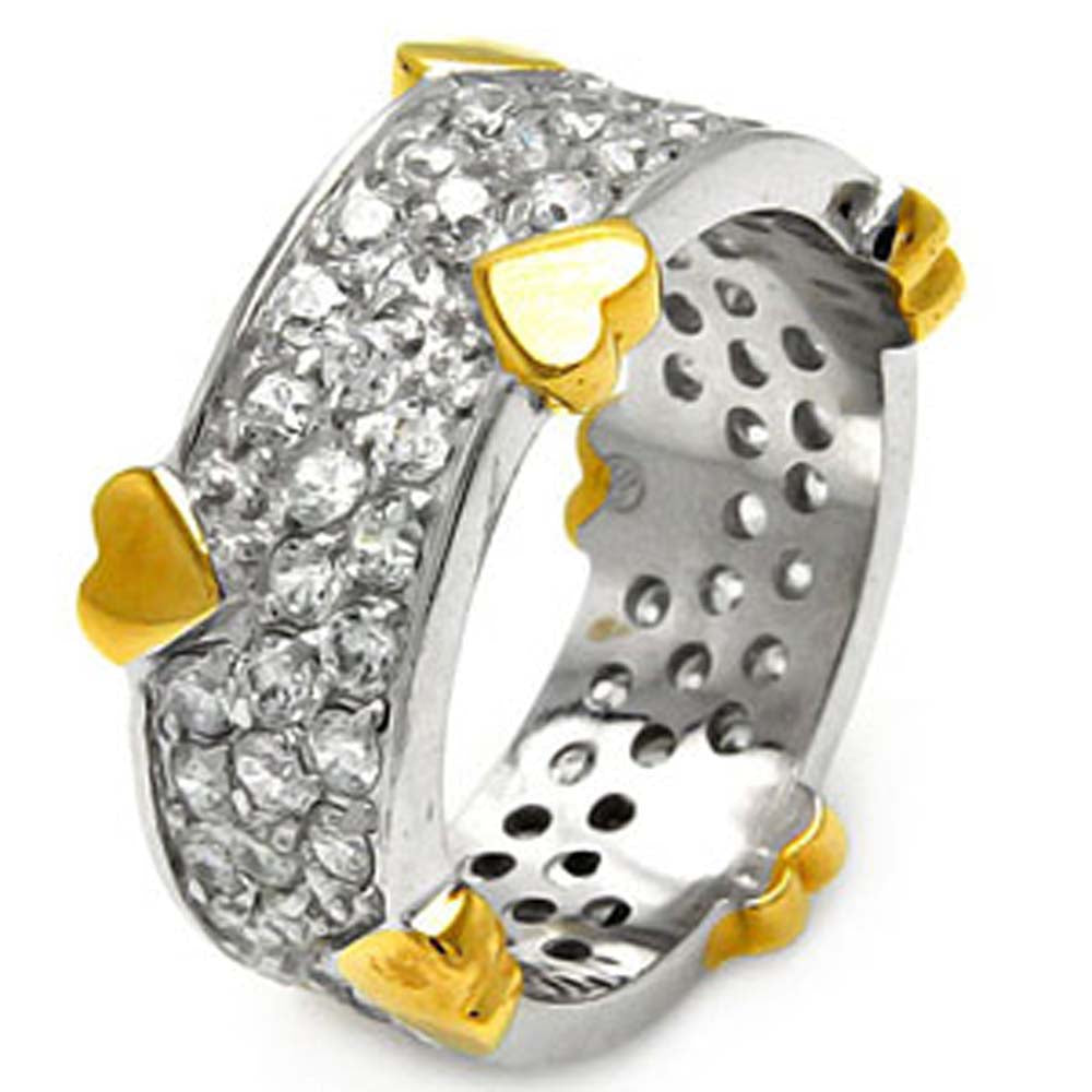 Sterling Silver Fancy Paved Band Ring with Gold Plated Multi Heart DesignAnd Ring Width of 10MM