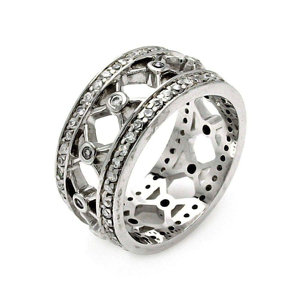 Sterling Silver Fancy Cut-Out Criss-Cross Pattern Design Inlaid with Clear Czs Wide Band RingAnd Ring Width of 10MM