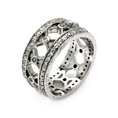 Sterling Silver Fancy Cut-Out Criss-Cross Pattern Design Inlaid with Clear Czs Wide Band RingAnd Ring Width of 10MM
