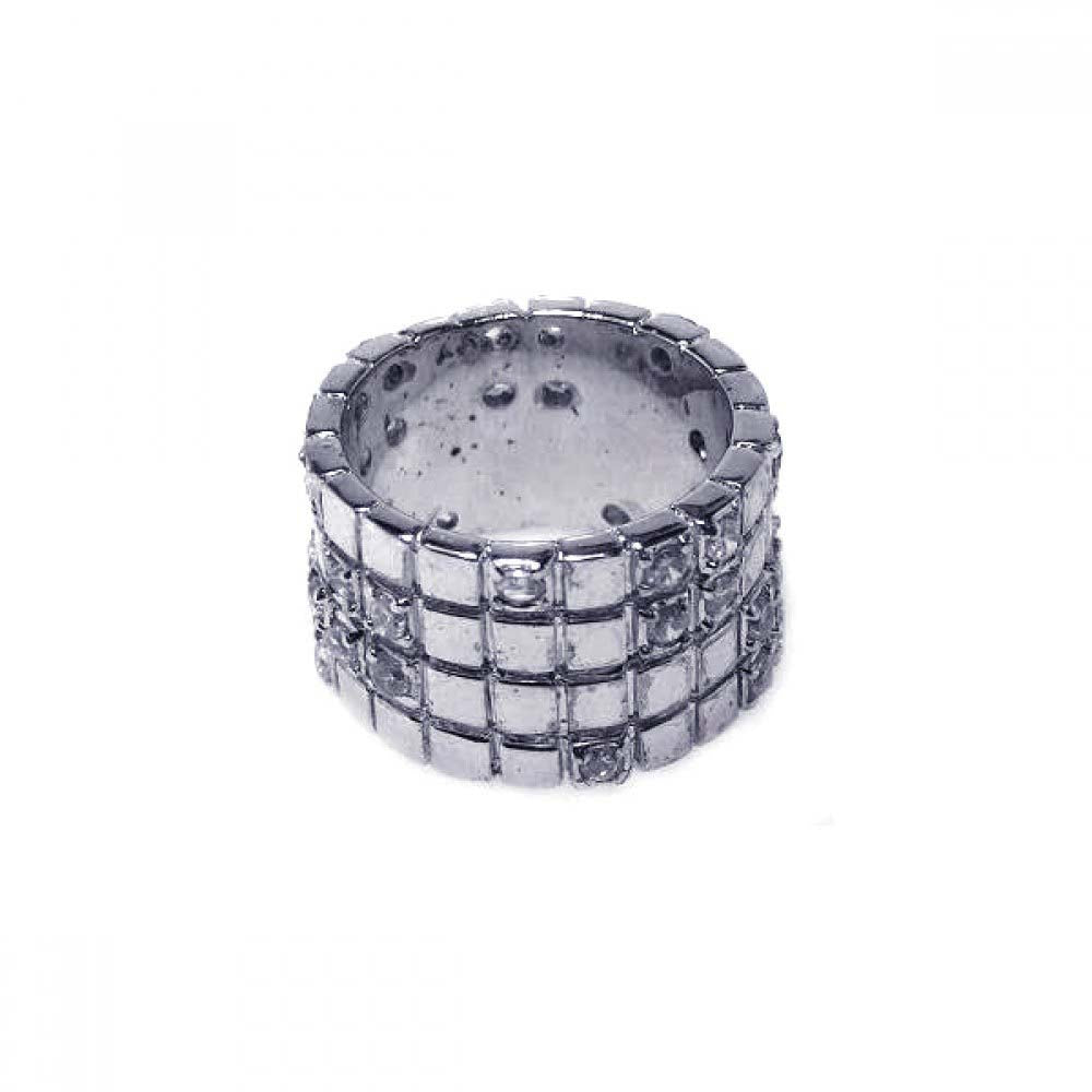 Sterling Silver Fancy Grid Wide Band Ring Embedded with Clear Czs