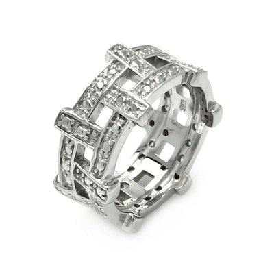 Sterling Silver Fancy Weaved Pattern Design Inlaid with Clear Czs RingAnd Ring Width of 10MM