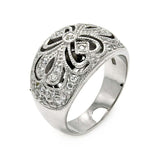 Sterling Silver Antique Style Flower Design Inlaid with Clear Czs Domed Band RingAnd Ring Width of 14.5MM