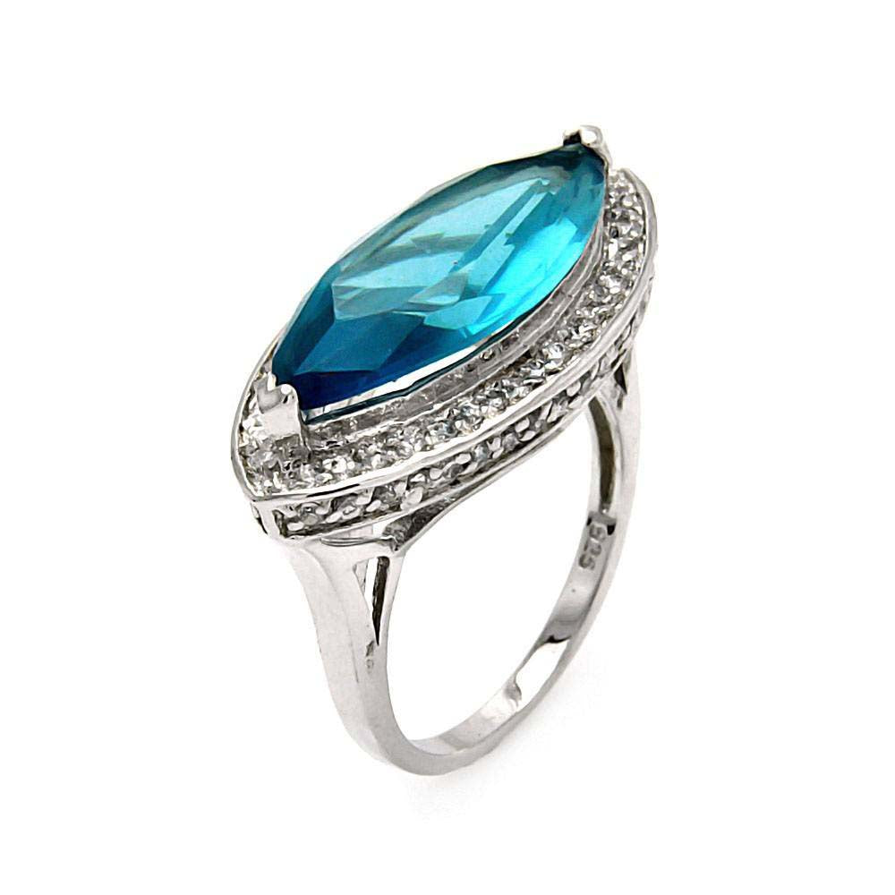 Sterling Silver Fancy Marquise Cut Blue Cz with Paved Halo Setting RingAnd Ring Width of 14.8MM