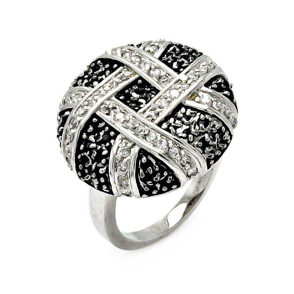 Sterling Silver Fancy Two-Toned Round with Weaved Design Inlaid with Clear and Black Czs RingAnd Ring Diameter of 23MM