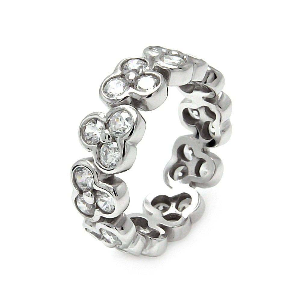 Sterling Silver Eternity Flower Design Set with Round Cut Clear Czs RingAnd Ring Width of 7MM