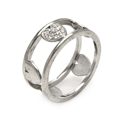 Sterling Silver Fancy Open Band Ring with Multi Hearts Design Inlaid with Clear CzsAnd Ring Width of 9.3MM
