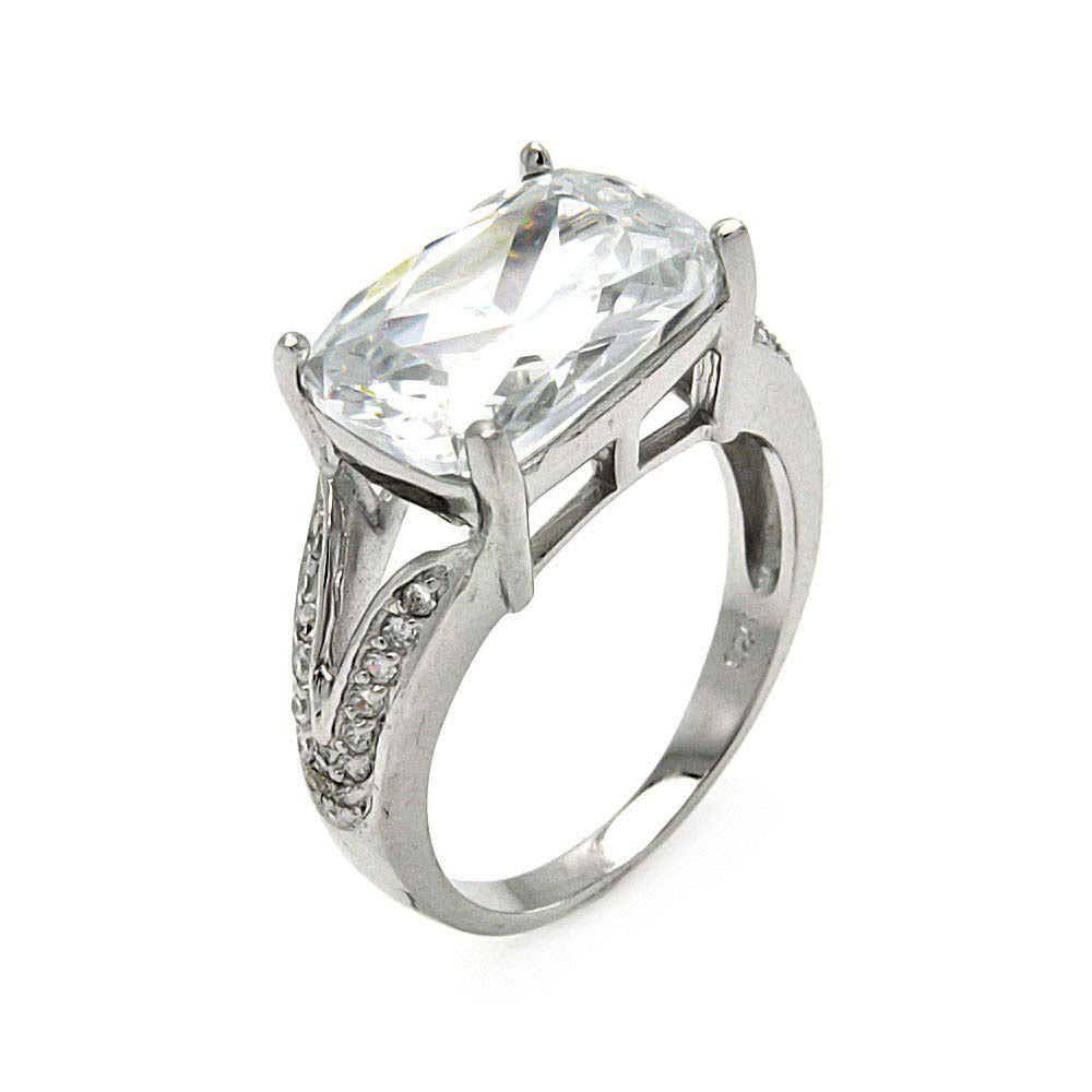 Sterling Silver Centered Solitaire Emerald Cut Clear Cz Split Shank Ring with Ring Width of 10MM