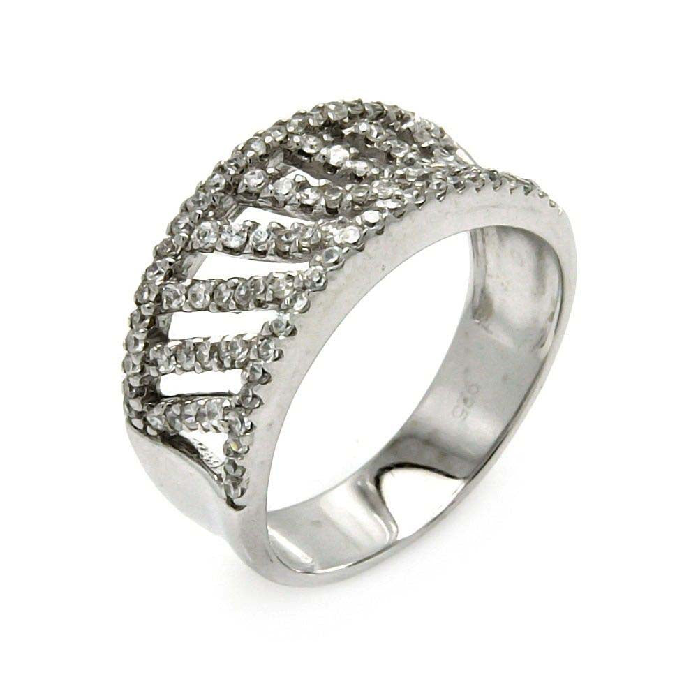 Sterling Silver Fancy Stripe Design Embedded with Clear Czs RingAnd Ring Width of 9.5MM