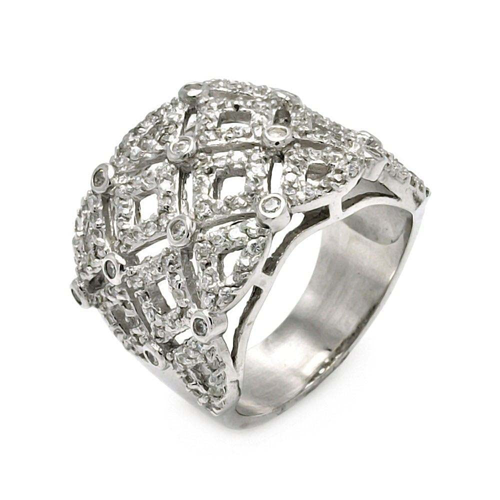 Sterling Silver Fancy Net Design Domed Band Ring Embeddded with Clear CzsAnd Ring Width of 17.6MM