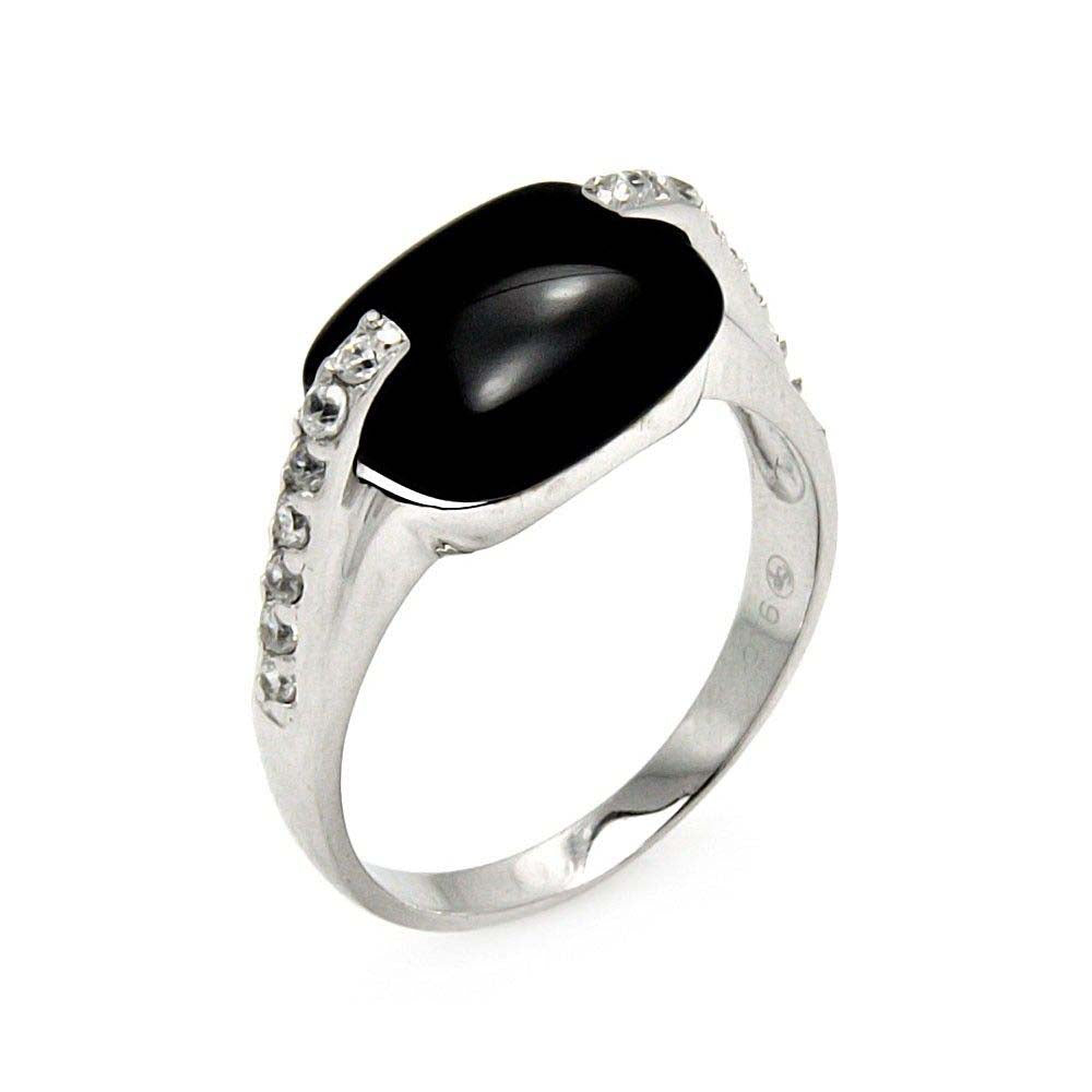 Sterling Silver Fancy Band Ring Inlaid with Clear Czs and Centered Oval Cut Black Onyx StoneAnd Ring Width of 9.9MM
