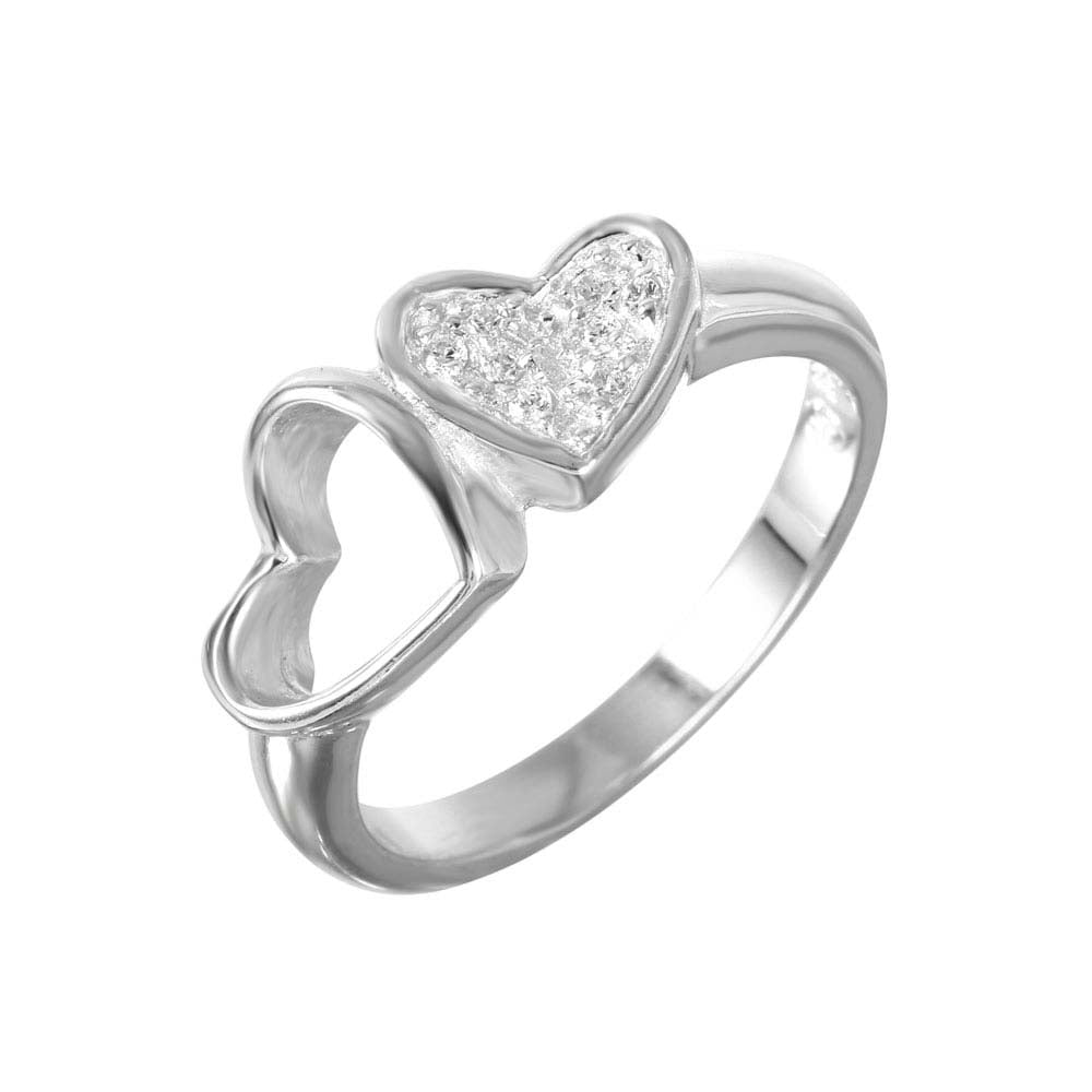 Sterling Silver Trendy Double Heart Design Inlaid with Clear Czs Ring