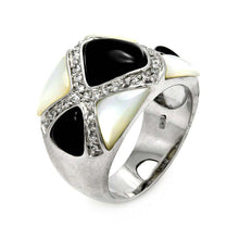 Load image into Gallery viewer, Sterling Silver Fancy Band Ring Inlaid with Black OnyxAnd Mother of Pearl and Clear CzsAnd Ring Width of 16MM