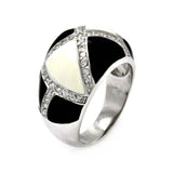 Sterling Silver Fancy Domed Band Ring Inlaid with BlackAnd White Enamel and Clear CzsAnd Ring Width of 14.4MM