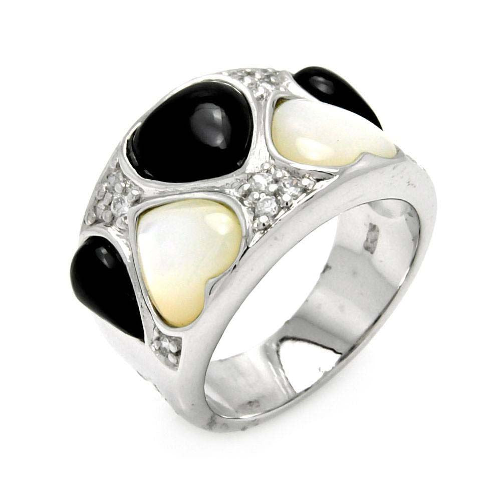 Sterling Silver Fancy Black and White Onyx Hearts Design Inlaid with Clear Czs RingAnd Ring Width of 15MM