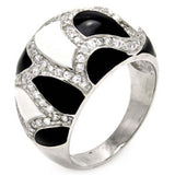 Sterling Silver Fancy Pattern Design Inlaid with BlackAnd White Enamel and Clear Czs Domed Band RingAnd Ring Width of 14MM