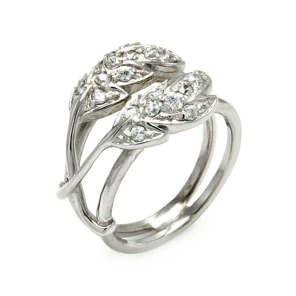 Sterling Silver Fancy Leaves Design Embedded with Clear Czs Split Shank RingAnd Ring Width of 15.7MM