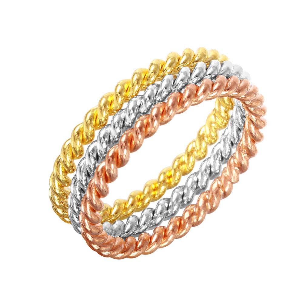 Sterling Silver RhodiumAnd Gold And Rose Gold Plated Stackable Rope Ring