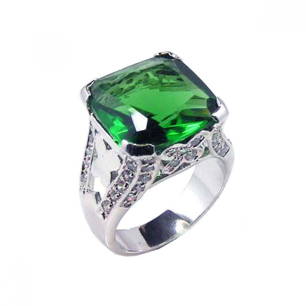 Sterling Silver Fancy Band Ring Inlaid with Clear Czs and Centered Cushion Cut Emerald Cz