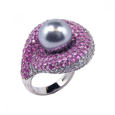 Sterling Silver Fancy Band Ring Embedded with Pink and Clear Czs with Centered Grey Pearl