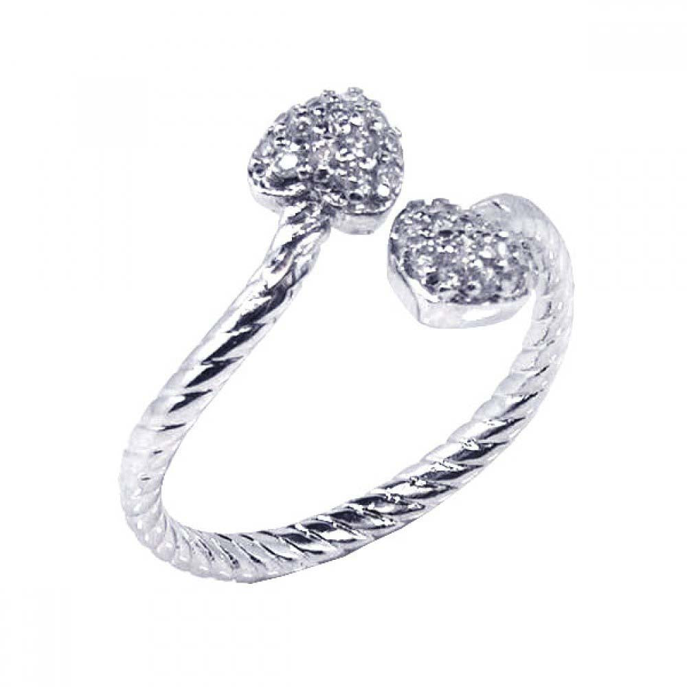Sterling Silver Double Pave Heart Design Twisted Rope Adjustable Band Ring