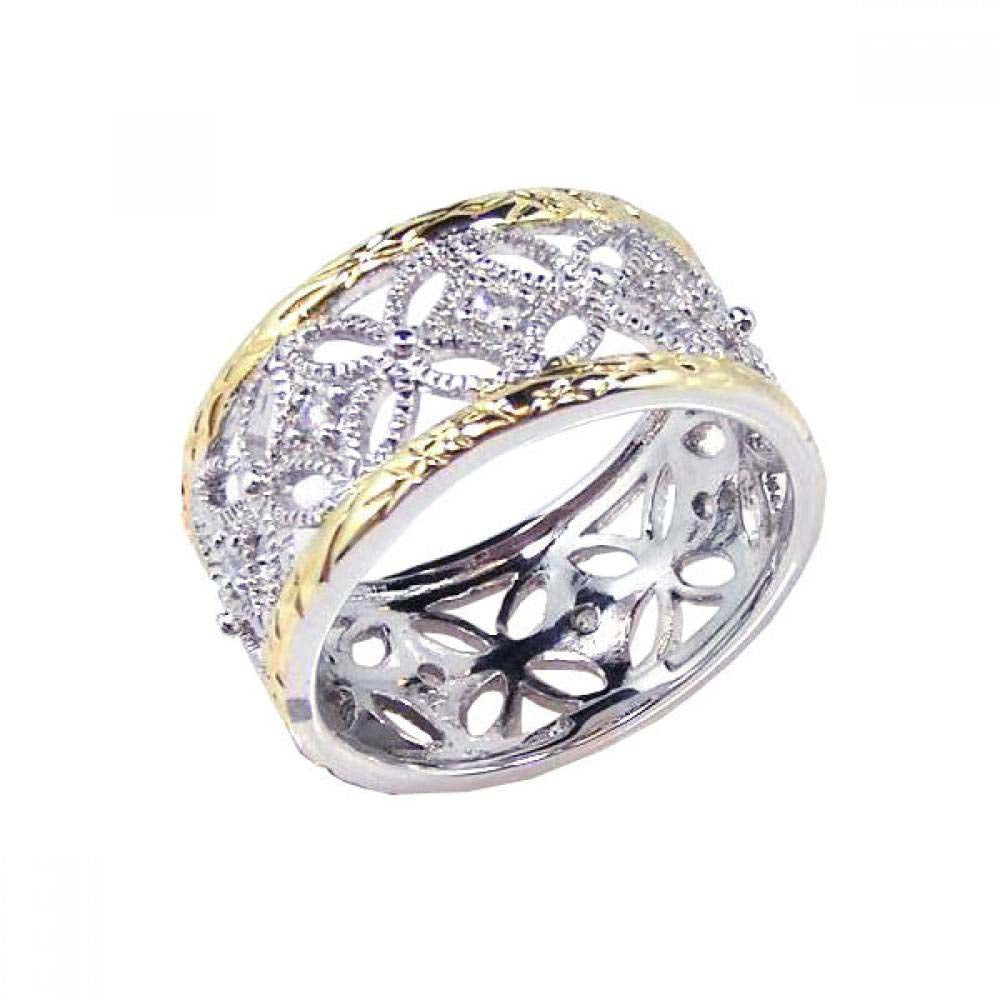 Sterling Silver Fancy Two-Toned Ring with Multi Flower Design Embedded with Clear Czs