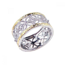 Load image into Gallery viewer, Sterling Silver Fancy Two-Toned Ring with Multi Flower Design Embedded with Clear Czs