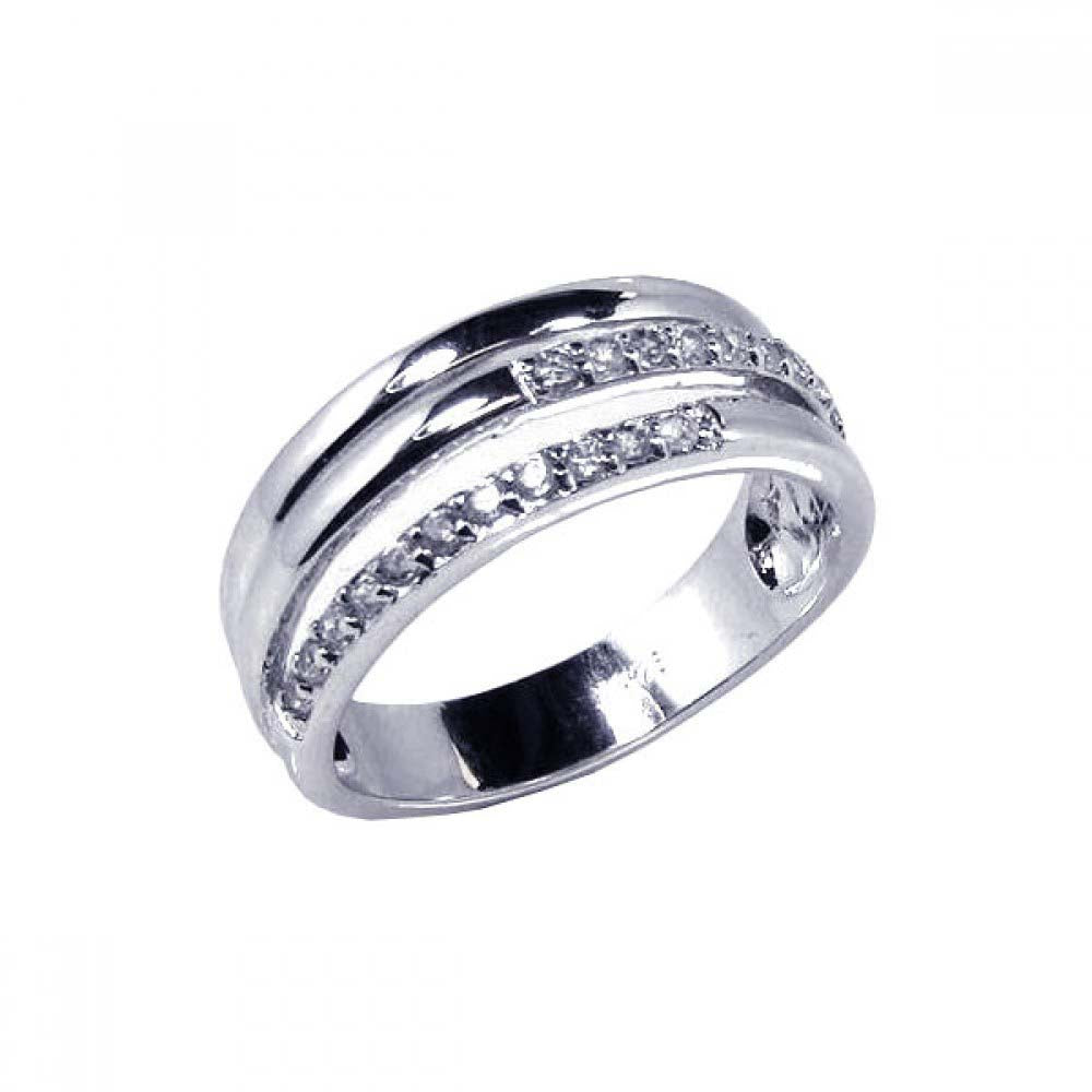 Sterling Silver Classy Three Row Band Design Inlaid with Clear Czs Ring