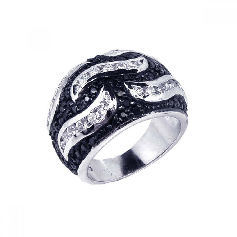 Sterling Silver Fancy Domed Band Ring with Wave Design and Embedded with Micro Paved Clear and Black Czs