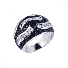 Load image into Gallery viewer, Sterling Silver Fancy Domed Band Ring with Wave Design and Embedded with Micro Paved Clear and Black Czs