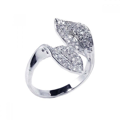 Sterling Silver Modish Two Leaves Design Inlaid with Micro Paved Clear Czs Ring