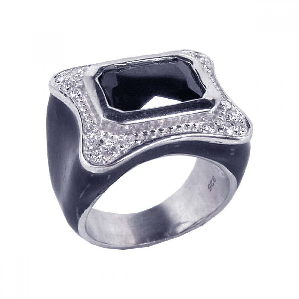 Sterling Silver Black Enamel Square Band Ring with Centered Black Onyx Stone Embedded with Micro Paved Clear Czs