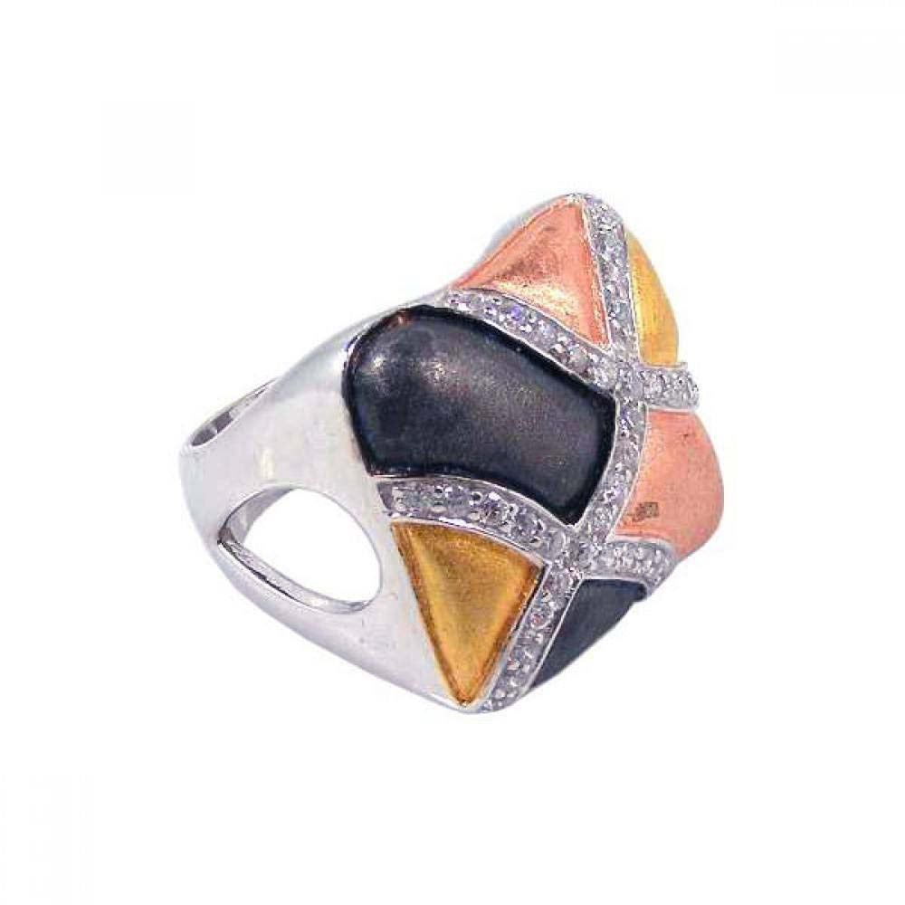 Sterling Silver Square Shaped with Multi-Toned Pattern Design Inlaid with Clear Czs Ring