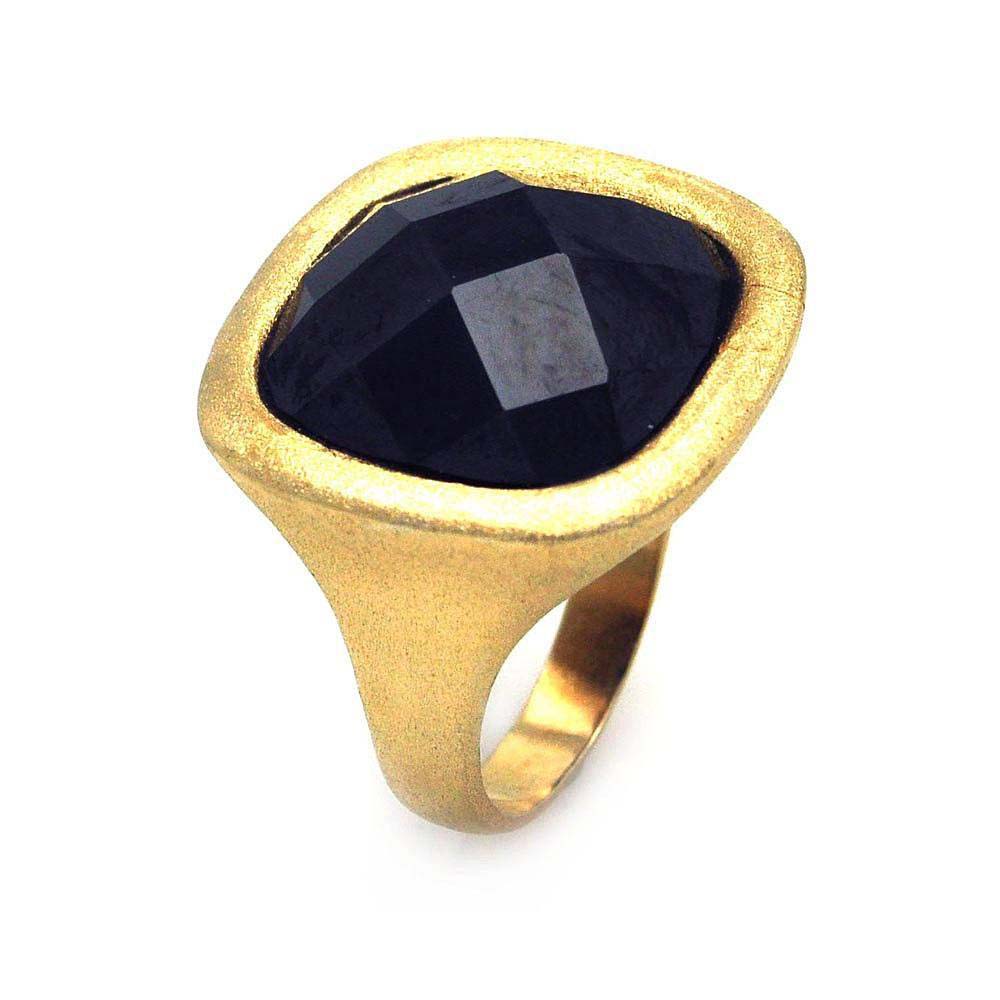 Sterling Silver Gold Plated Matte Finish Square Band Ring with Centered Black Cz