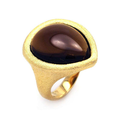 Sterling Silver Gold Plated Matte Finish Pearshaped Band Ring with Centered Black Stone