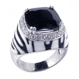 Sterling Silver Fashionable Zebra Print Domed Band Ring with Centered Cushion Cut Black Onyx Embedded with Clear Czs