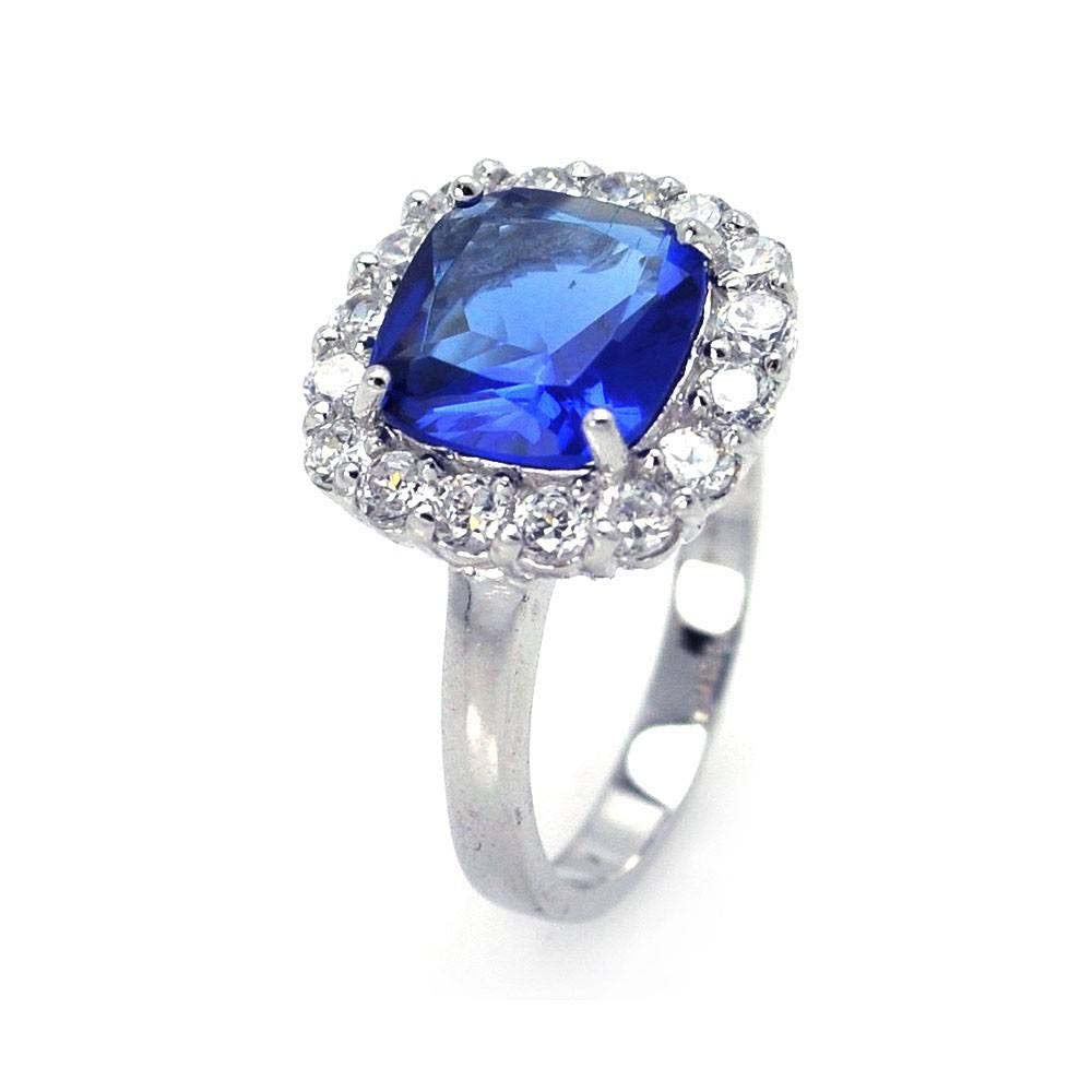 Sterling Silver Classy Cushion Cut Blue Cz with Paved Halo Setting RingAnd Ring Width of 14MM