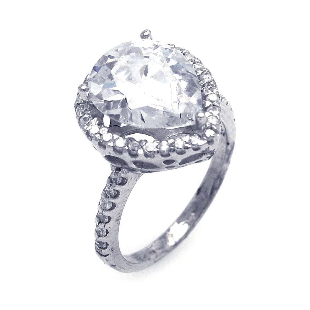 Sterling Silver Classy Pear shaped Clear Cz with Paved Halo Setting Ring