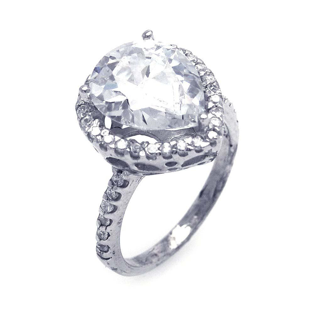 Sterling Silver Classy Pearshaped Cut Clear Cz with Paved Halo Setting Ring