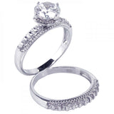 Sterling Silver Filigree Bridal Set Ring with Centered Solitaire Round Cut Clear Cz with Round Czs on Channel Setting