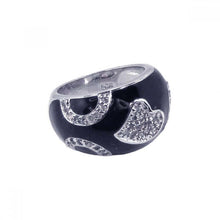 Load image into Gallery viewer, Sterling Silver Black Enamel Domed Band Ring with Hearts Design Embedded with Clear Czs