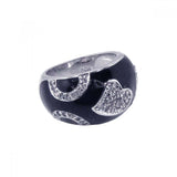 Sterling Silver Black Enamel Domed Band Ring with Hearts Design Embedded with Clear Czs