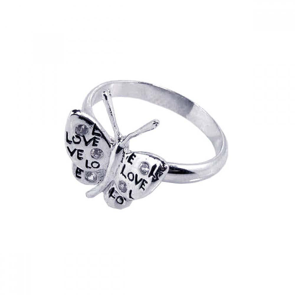 Sterling Silver Trendy Butterfly with Love Engraved Inlaid with Clear Czs Ring
