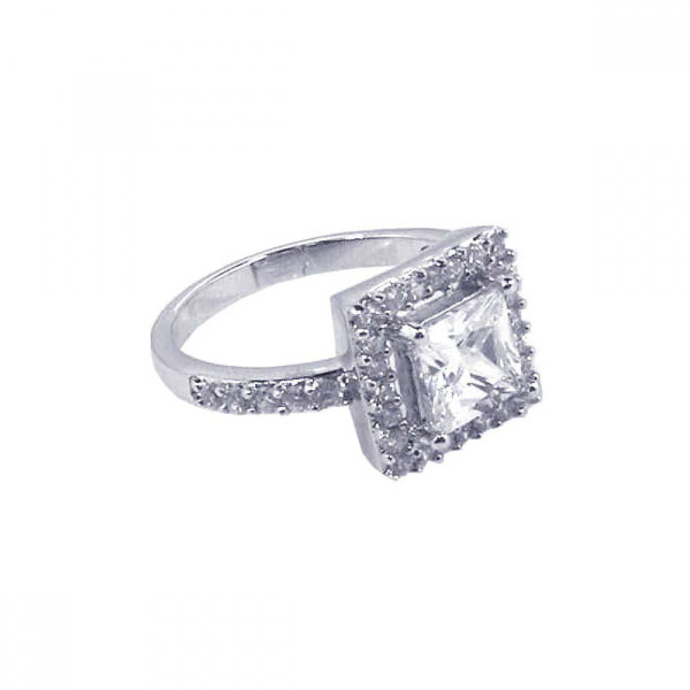 Sterling Silver Rhodium Plated Square Center Cluster CZ Ring